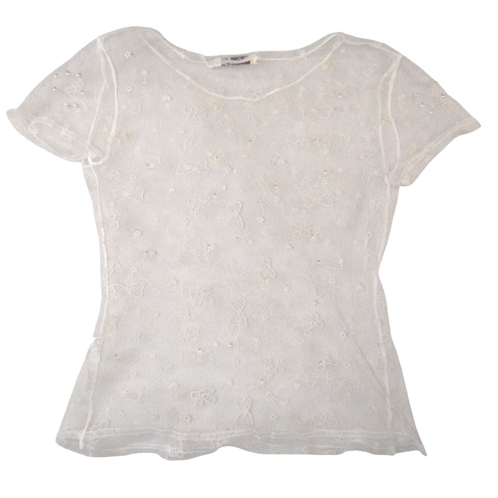 Colorful White Sheer Lace Mesh Bow Pearl Top Short Sleeve Scoop Neck Womens S/M