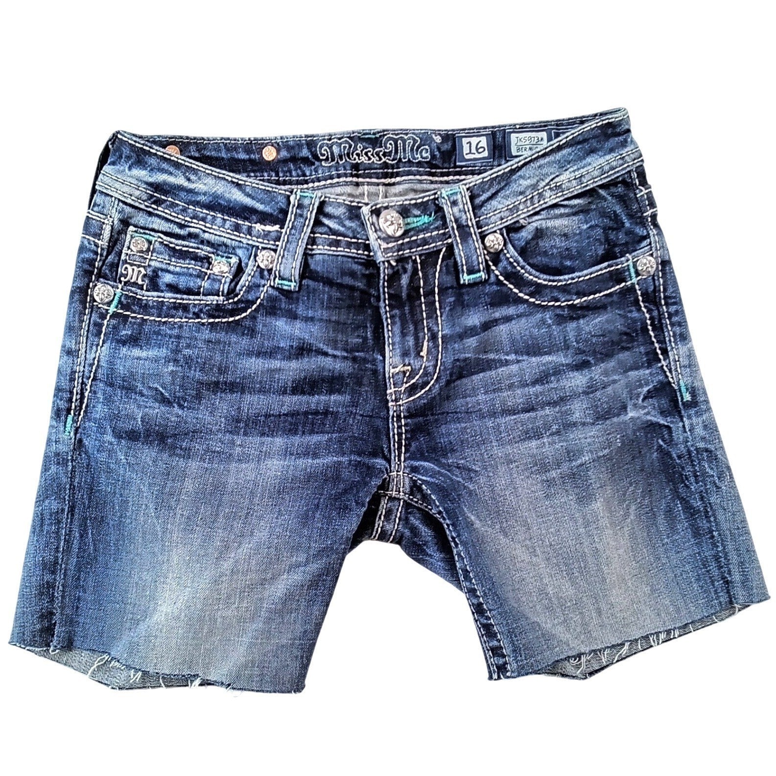Miss Me Girls Size 16 Bermuda Cut-Off Denim Shorts Dark Wash Embroidered