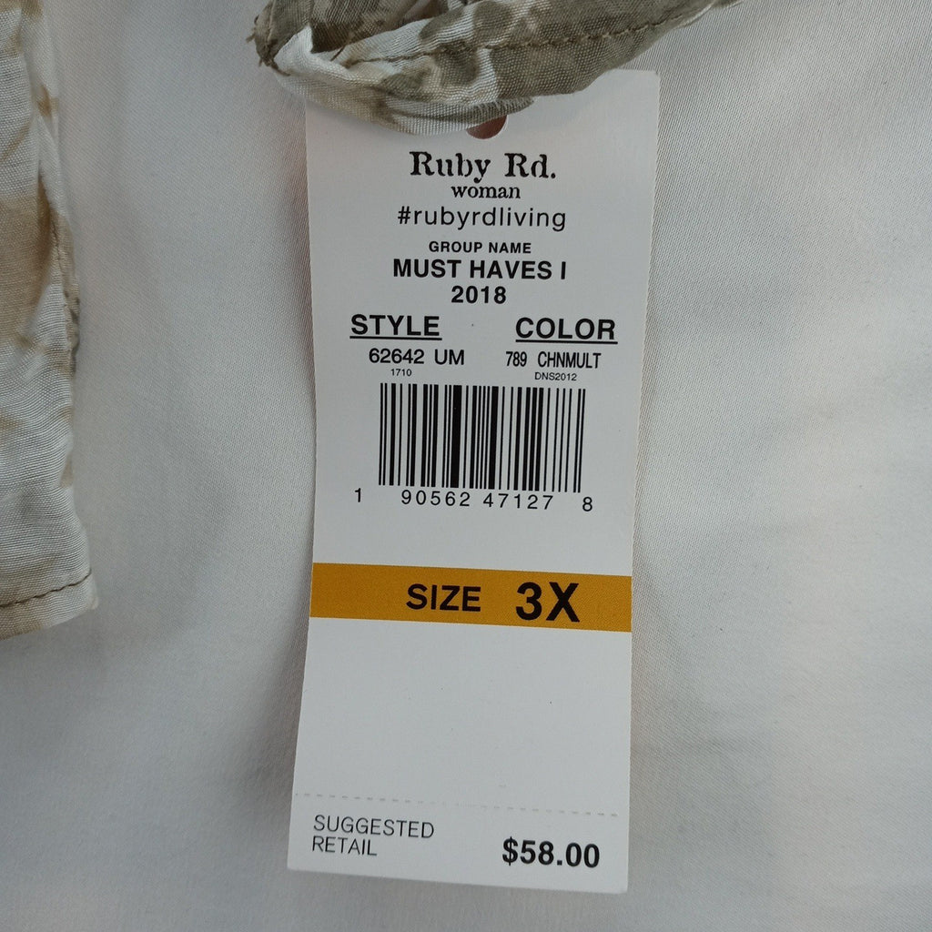 NWT-Ruby Rd Woman 3X Boho Patchwork Print Pleated V Neck Button Front Tunic Top