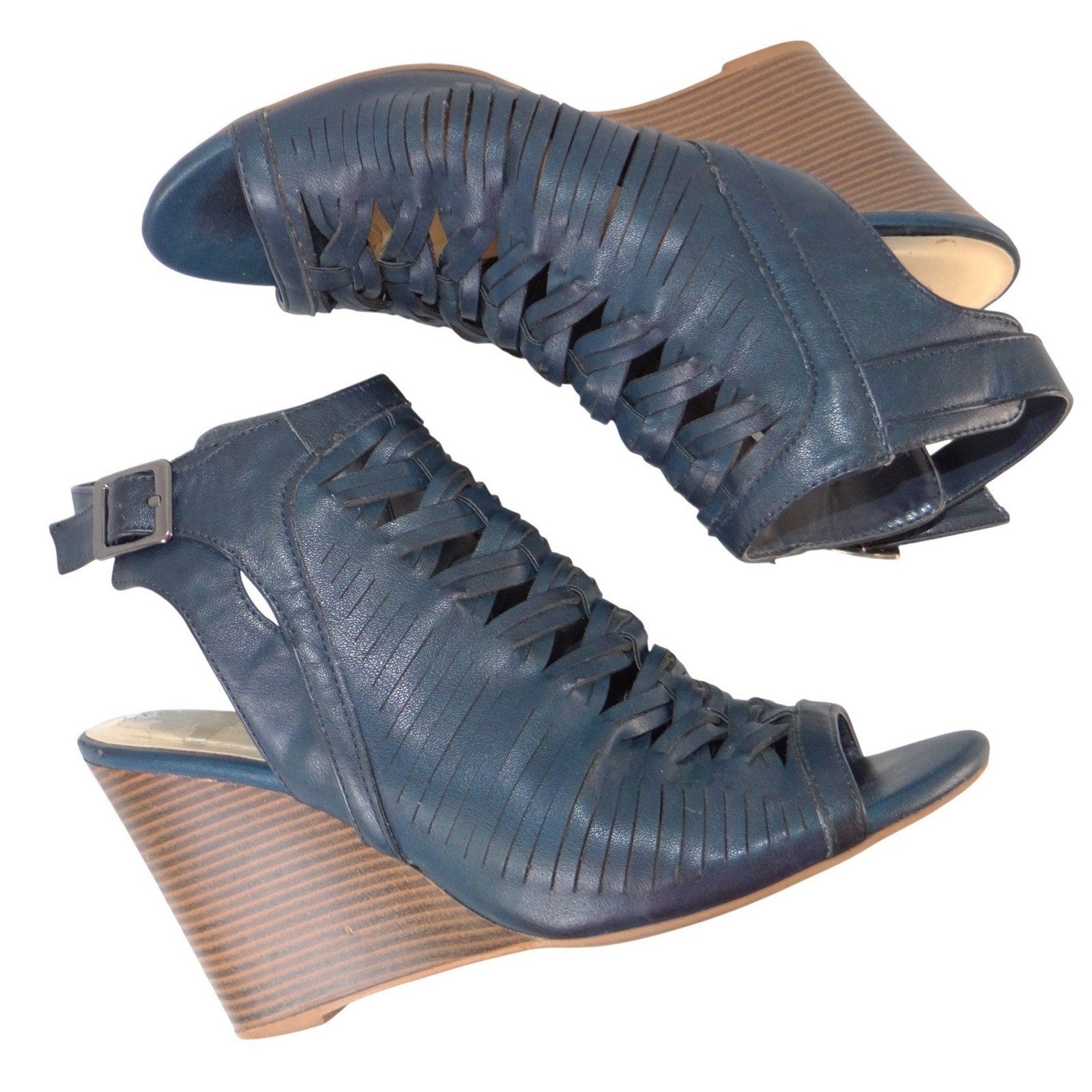 Dollhouse Snaffu Navy Blue Woven Caged Wedge Sandals Womens 10W Open Toe Buckle