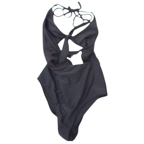 Aerie Womens Black Cutout Front Tie Halter One Piece Swimsuit XS RN54485
