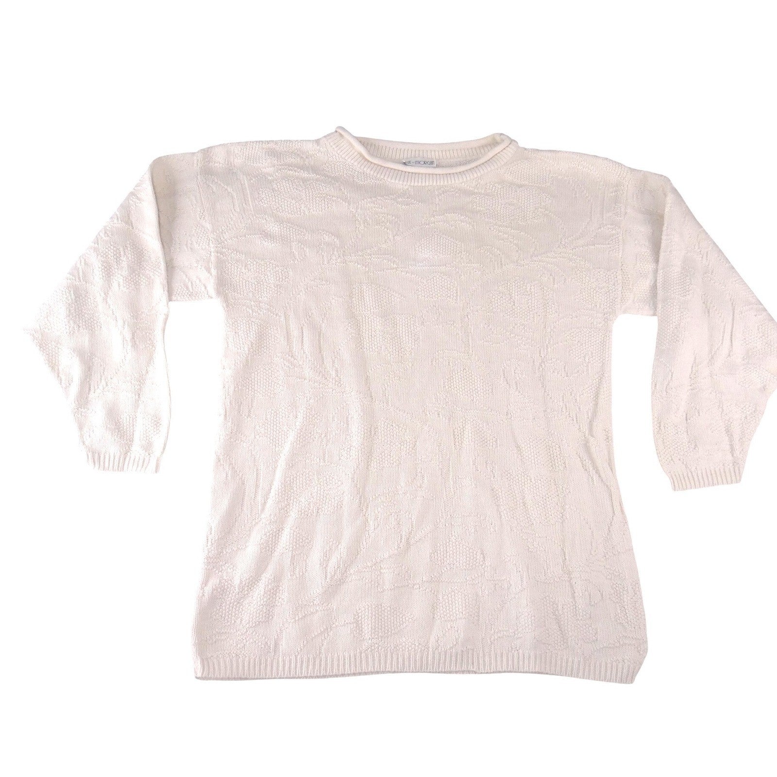 Blue Morgan Mens Cream White Floral Jacquard Textured Knit Crew Neck Sweater M