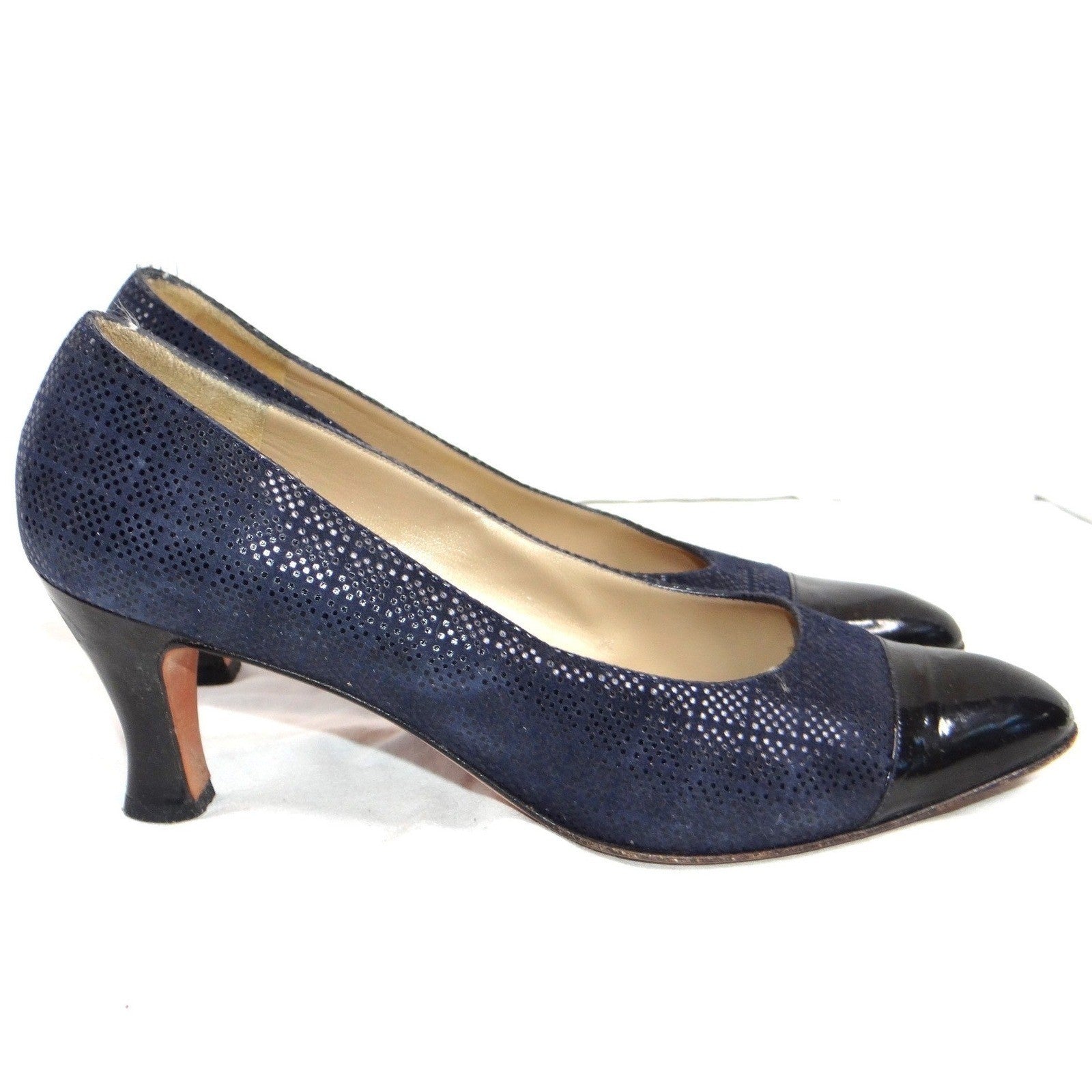 Salvatore Ferragamo Navy Suede Cap Toe Block Heel Pumps Shoes Womens Size 9 AA