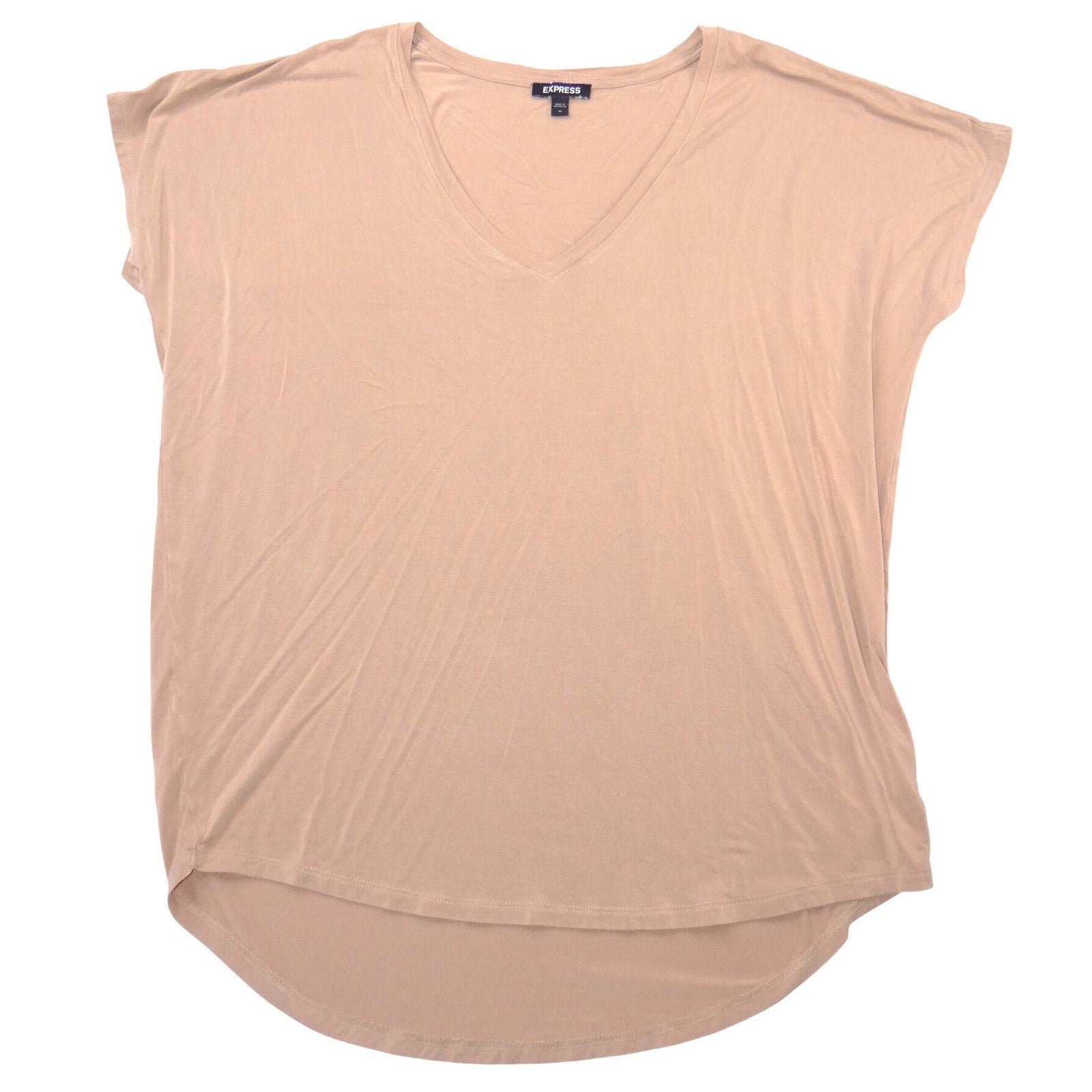 Express Womens Tan V-Neck Short Sleeve Relaxed Fit High-Low Hem Tee Size M