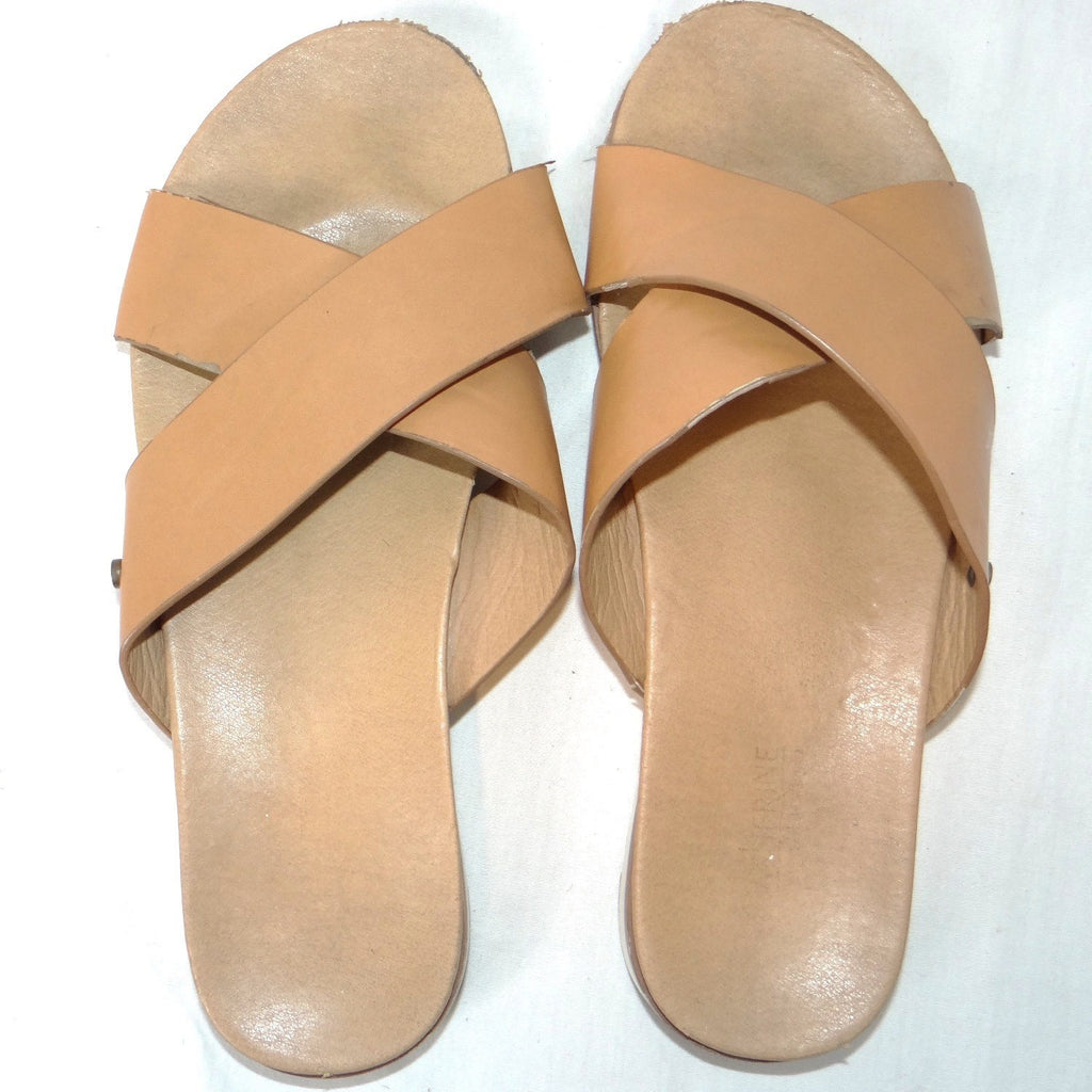 Catherine Malandrino Tan Leather Cross Strap Slide Sandals Womens 7.5 Brown