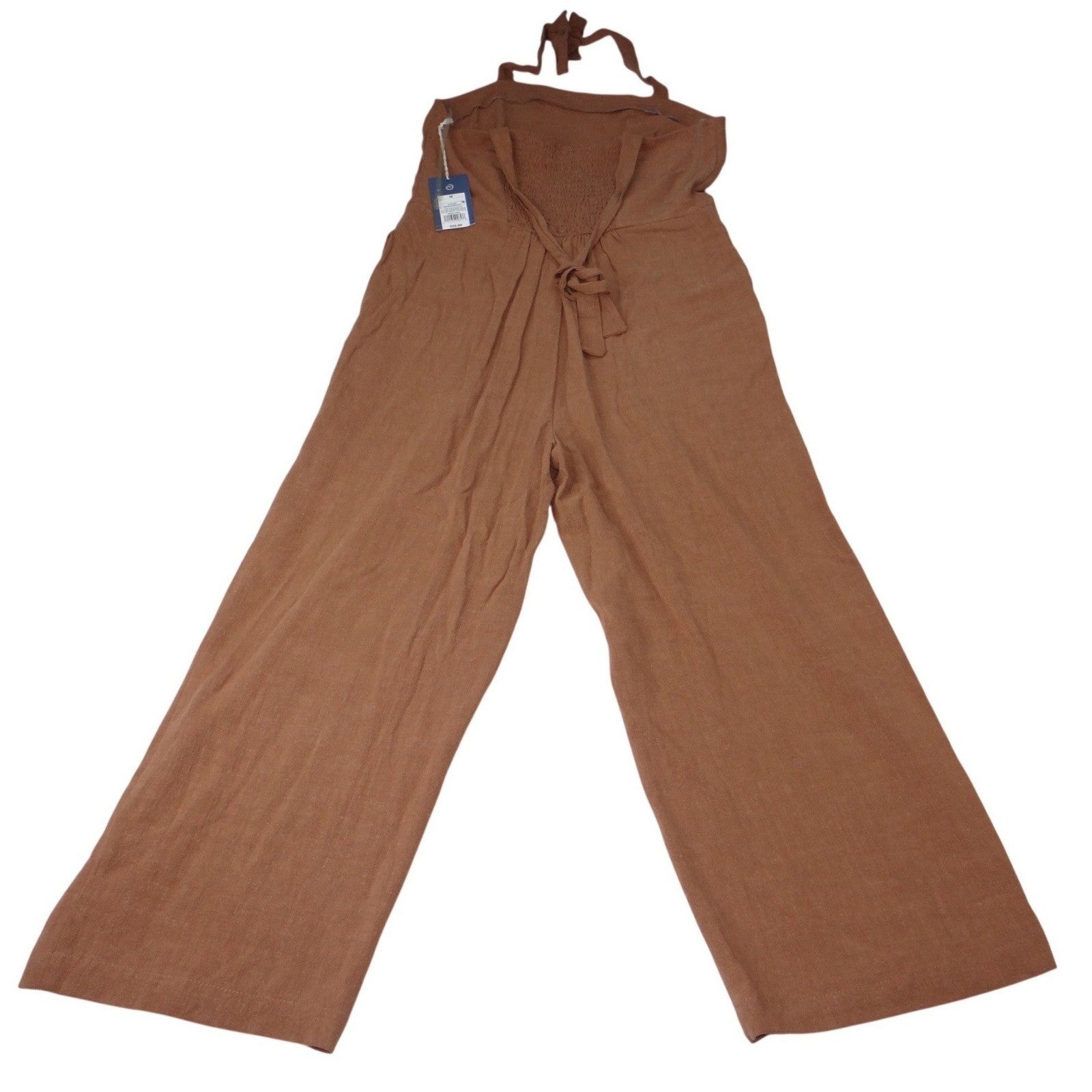 NWT-Universal Thread Women Brown Wide Leg Jumpsuit Smocked Tie Neck Size M