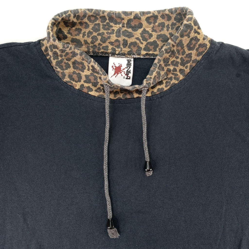 Vintage ENZL Women's Black Leopard Collar Mock Neck Long Sleeve Animal Detail