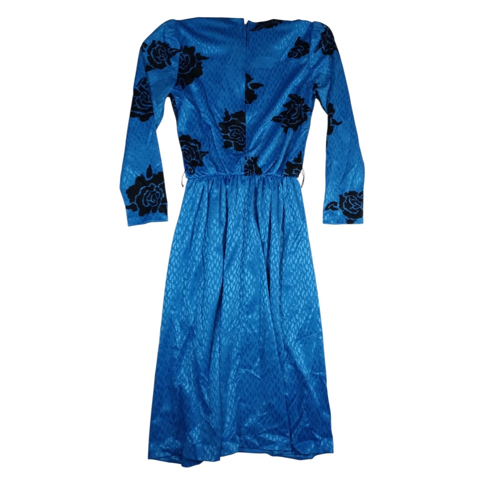 VTG Dress Union Made Blue Black Rose Print Midi Long Sleeve Elastic Waist J Gee