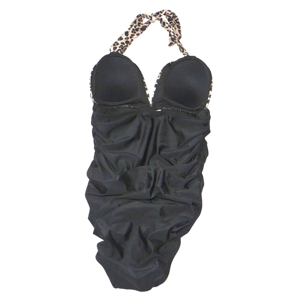 Unbranded Leopard Print Ruched Halter One Piece Swimsuit Black Brown Small