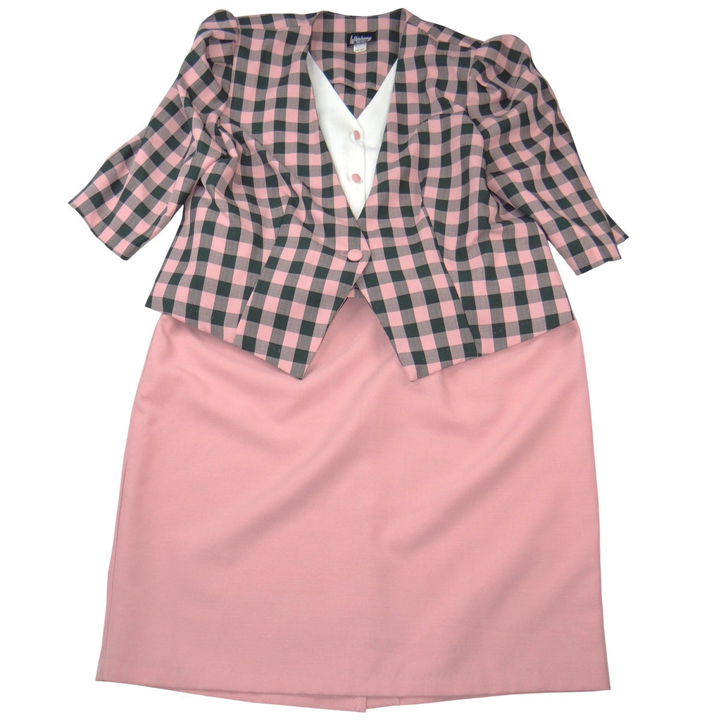 Whirlaway Frocks Vintage Pink Plaid Skirt Suit Set 22WP Puff Sleeve Made in USA