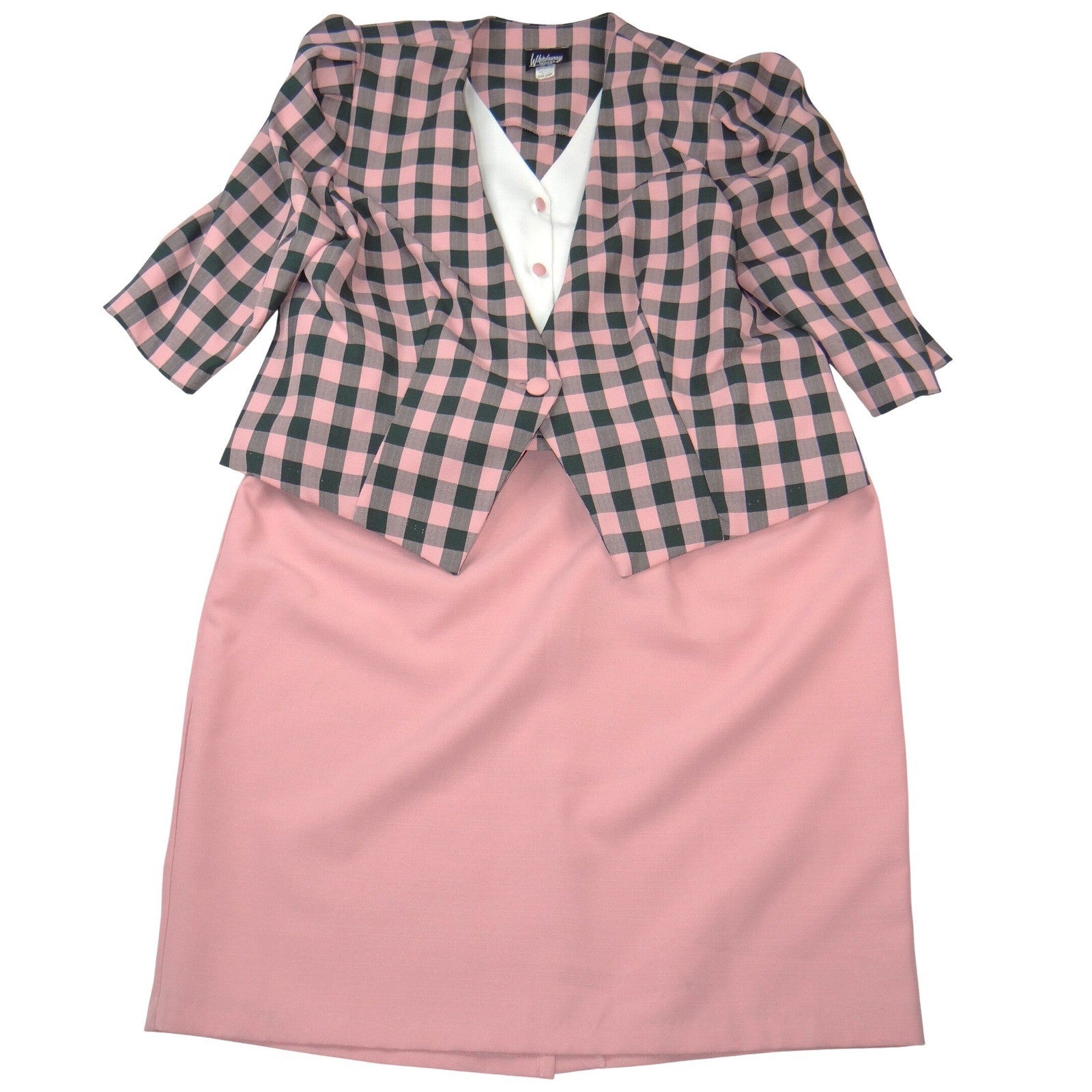 Whirlaway Frocks Vintage Pink Plaid Skirt Suit Set 22WP Puff Sleeve Made in USA