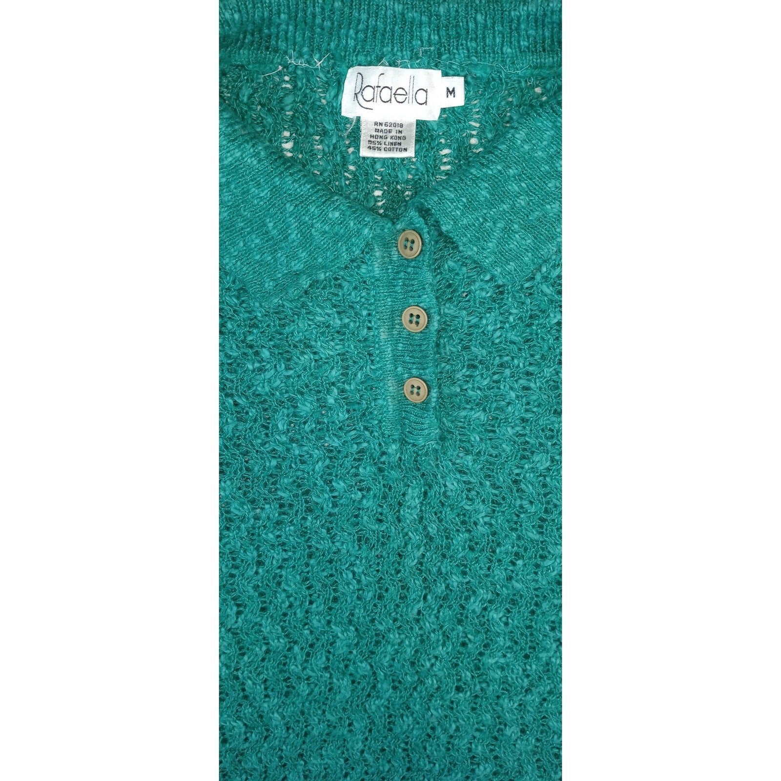 Vintage Rafaella Women's Green Textured Knit Polo Shirt Short Sleeve Size M