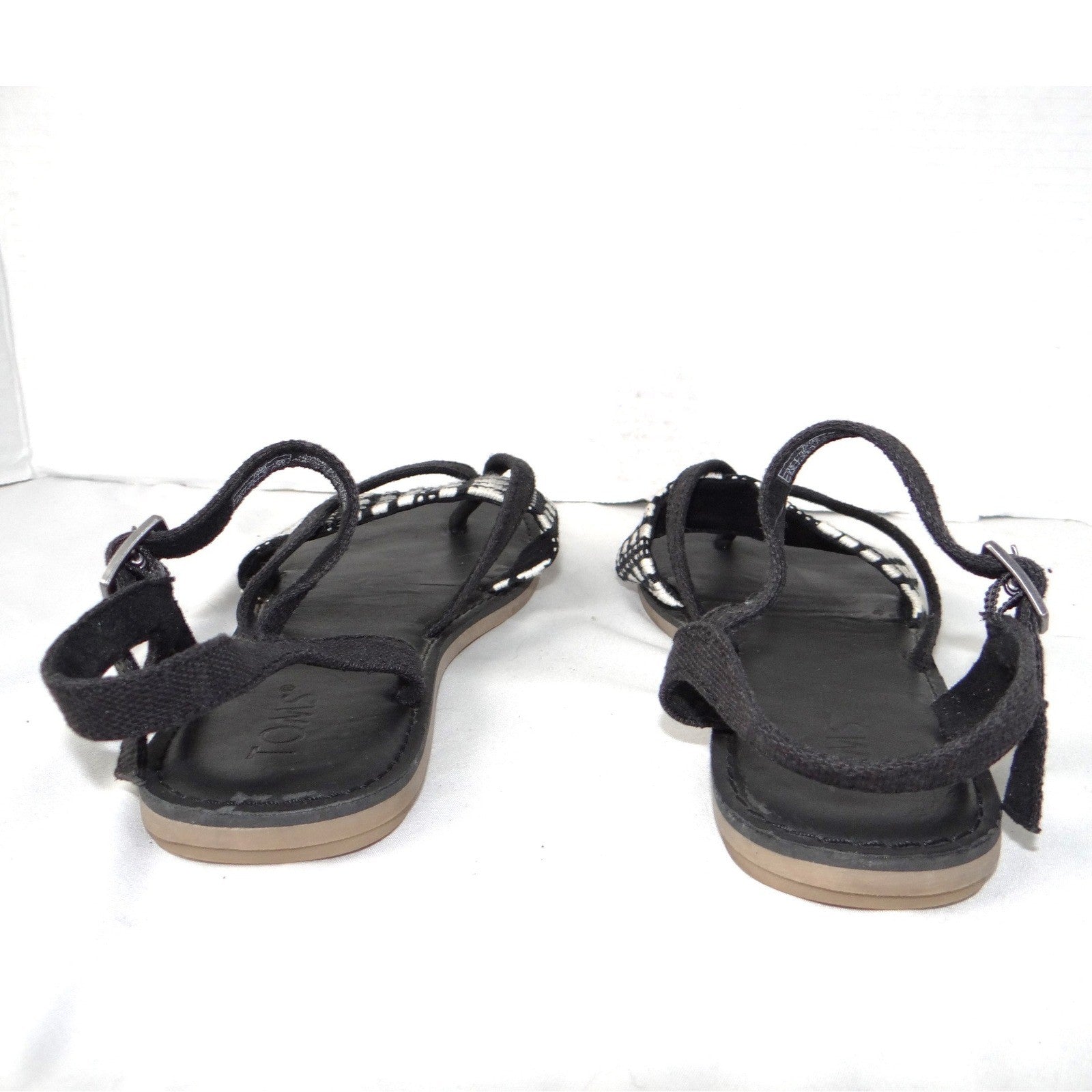 TOMS Lexie Black White Woven Geometric Ankle Strap Flat Sandals Womens 7.5
