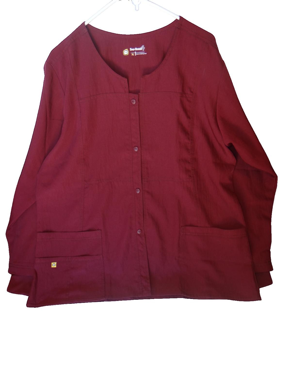Four-Stretch Women's Burgundy Button-Front Medical Scrub Jacket XL