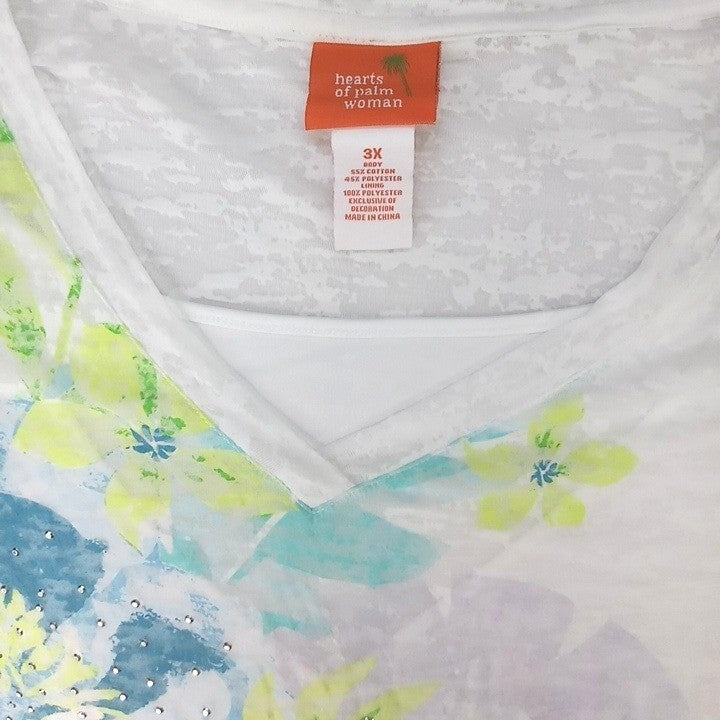 NWT-Hearts of Palm Woman 3X White Floral Print V Neck T Shirt Rhinestones
