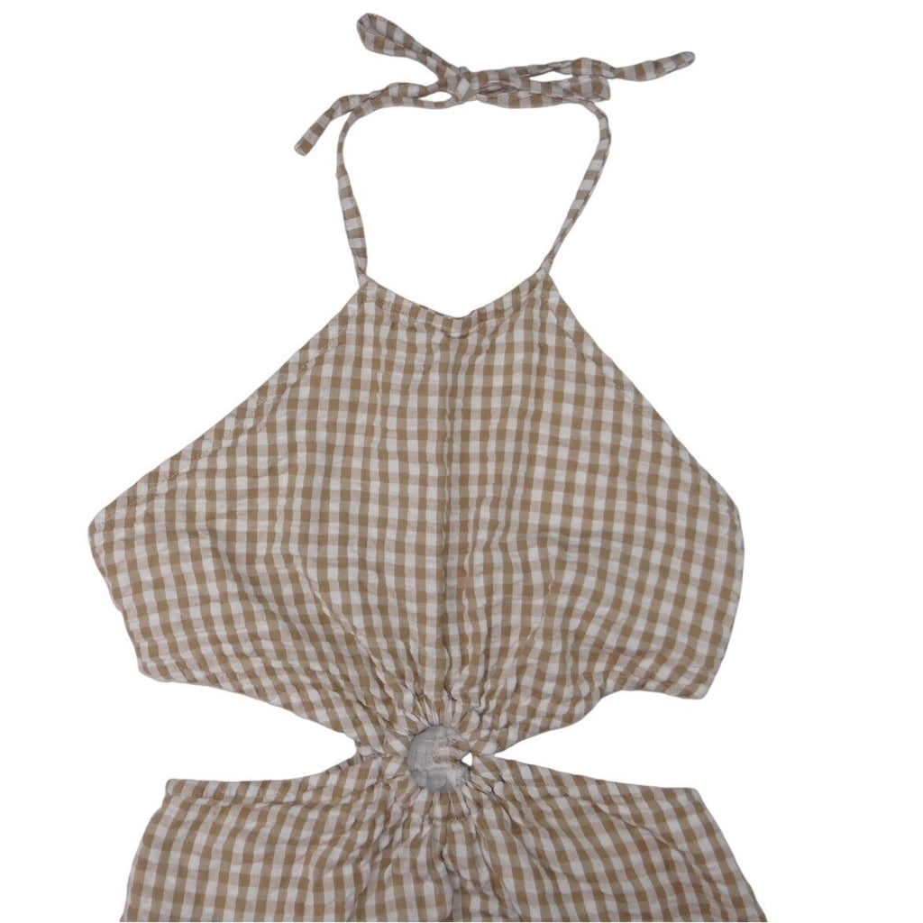 Tan White Gingham Halter Cutout Ring Detail Mini Dress