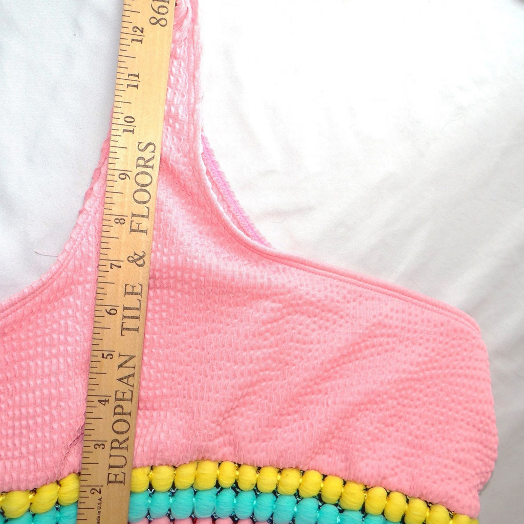 Pink Smocked One Shoulder Pom Pom Bikini Set Medium Seersucker 2 Piece Swimsuit