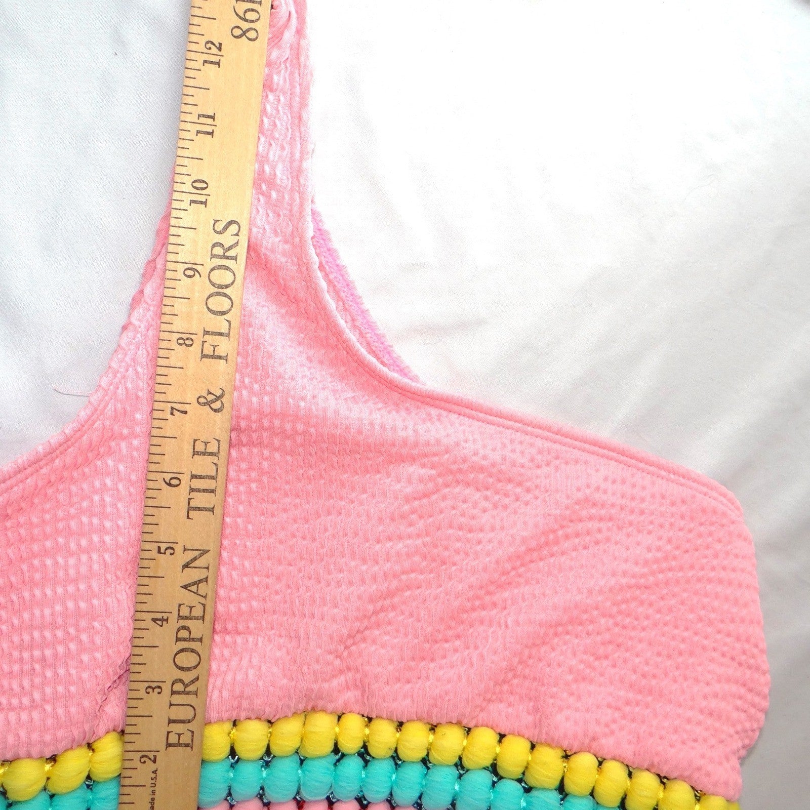 Pink Smocked One Shoulder Pom Pom Bikini Set Medium Seersucker 2 Piece Swimsuit