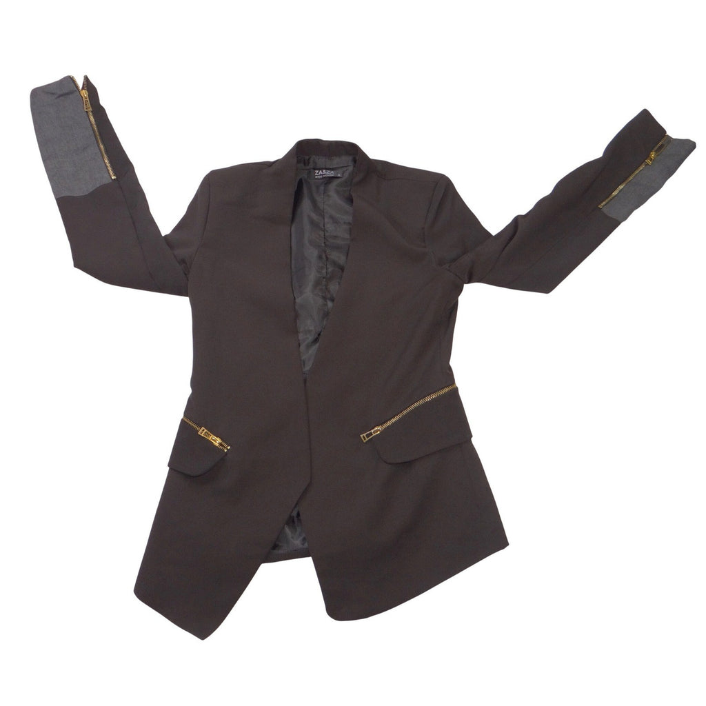 ZA&ZA Womens Black Open Front Blazer Stand Collar Contrast Sleeve Size Small