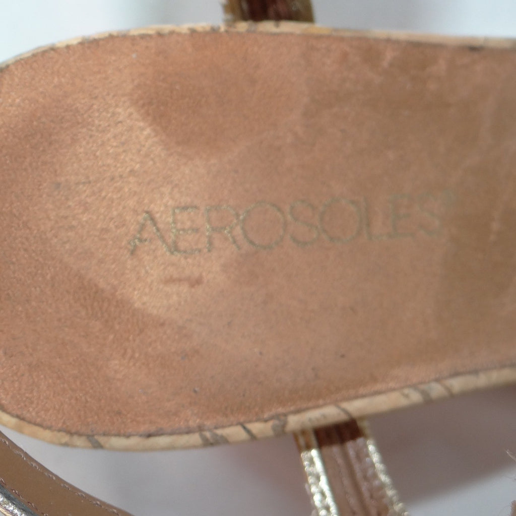 Aerosoles Womens Gold Metallic Strappy Cork Wedge Sandals Size 11