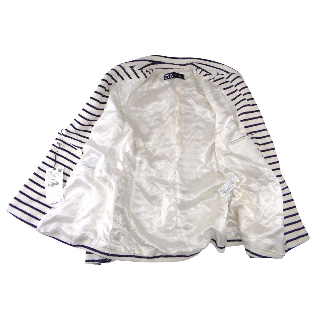 NWT-Zara Womens Navy White Striped Double Breasted Blazer Gold Buttons