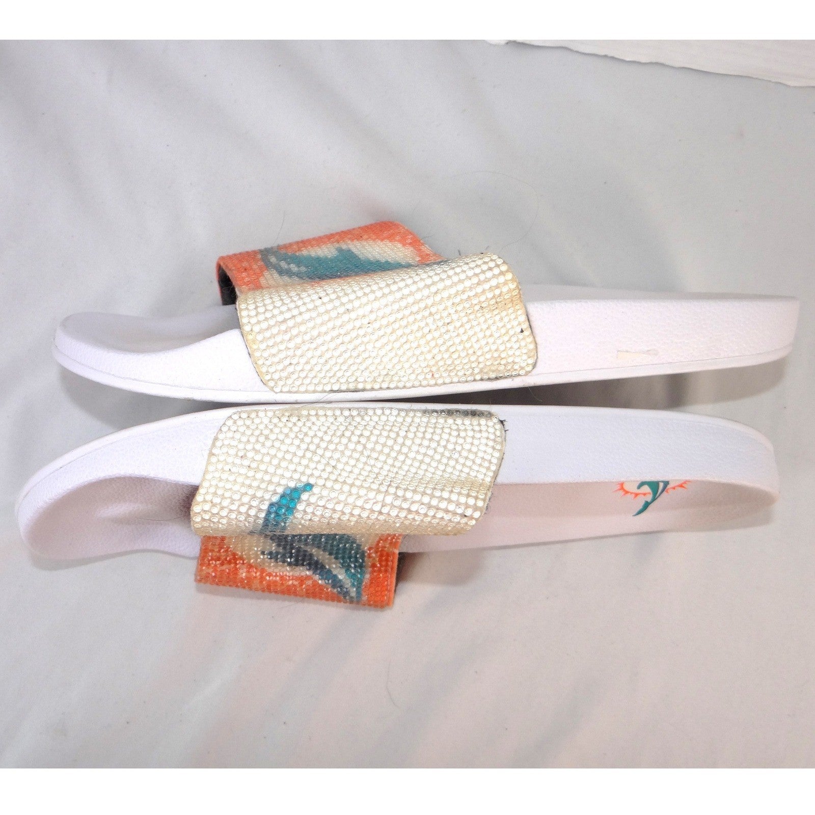 Miami Dolphins NFL Women Rhinestone Logo Slide Sandals White Orange Size L