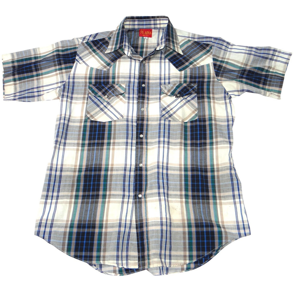 ELY PLAINS Mens Plaid Western Shirt Short Sleeve Pearl Snap Size M