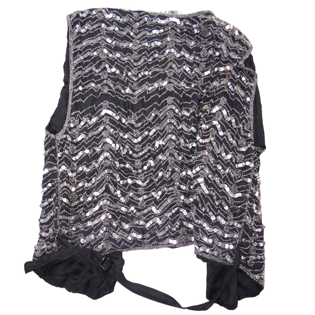 Vintage B'way Rose Vintage 100% Silk Beaded Sequin Vest Black Silver Chevron-ish