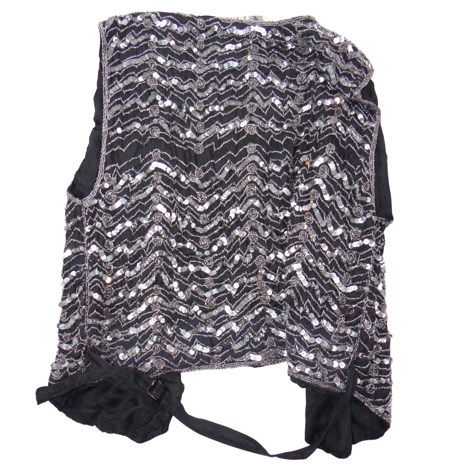 Vintage B'way Rose Vintage 100% Silk Beaded Sequin Vest Black Silver Chevron-ish