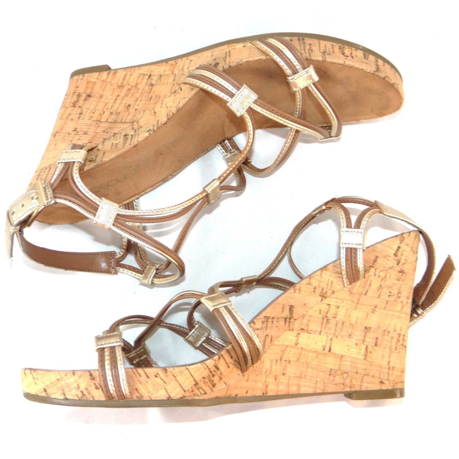 Aerosoles Womens Gold Metallic Strappy Cork Wedge Sandals Size 11