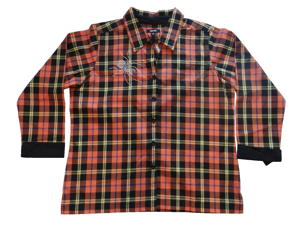 Women's Long Sleeve Plaid Button-Up Shirt with Rhinestone Spider Detail