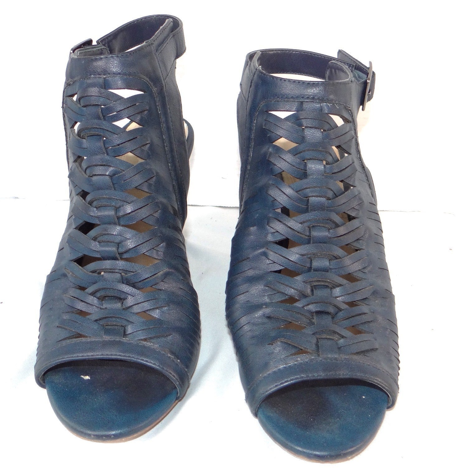Dollhouse Snaffu Navy Blue Woven Caged Wedge Sandals Womens 10W Open Toe Buckle