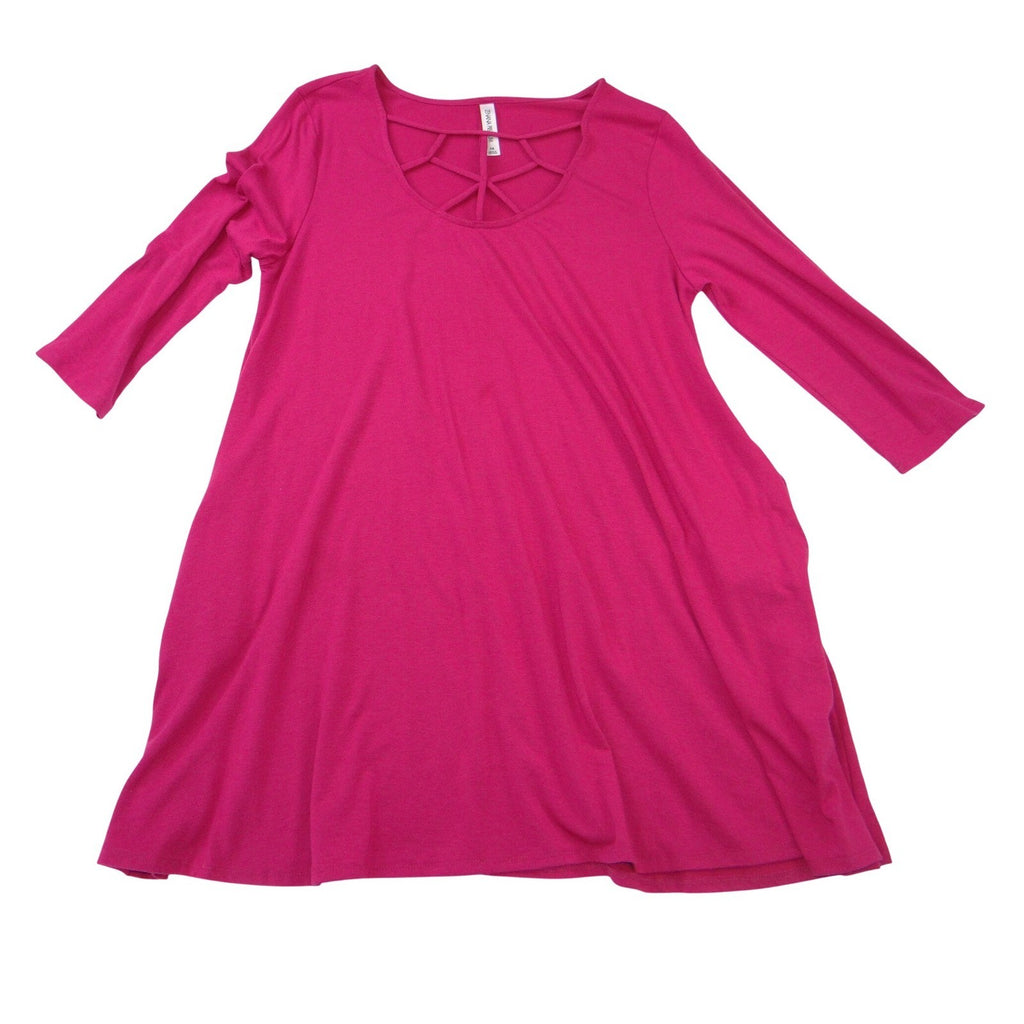 Zenana Premium Magenta Pink Lattice Neck Tunic Top 3/4 Sleeve Pockets 1X