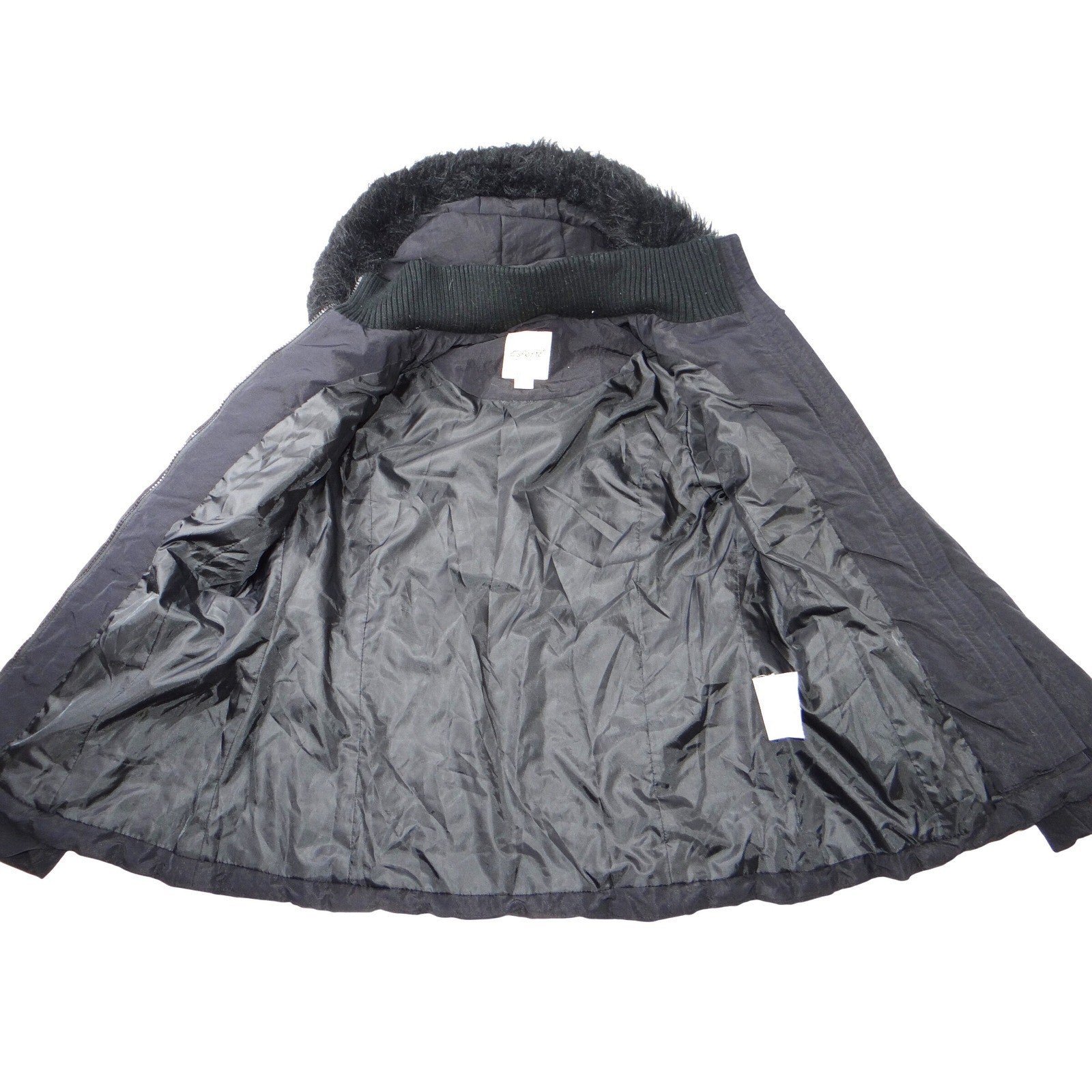 Esprit Black Faux Fur Trim Hooded Belted Winter Jacket Coat Women Size L