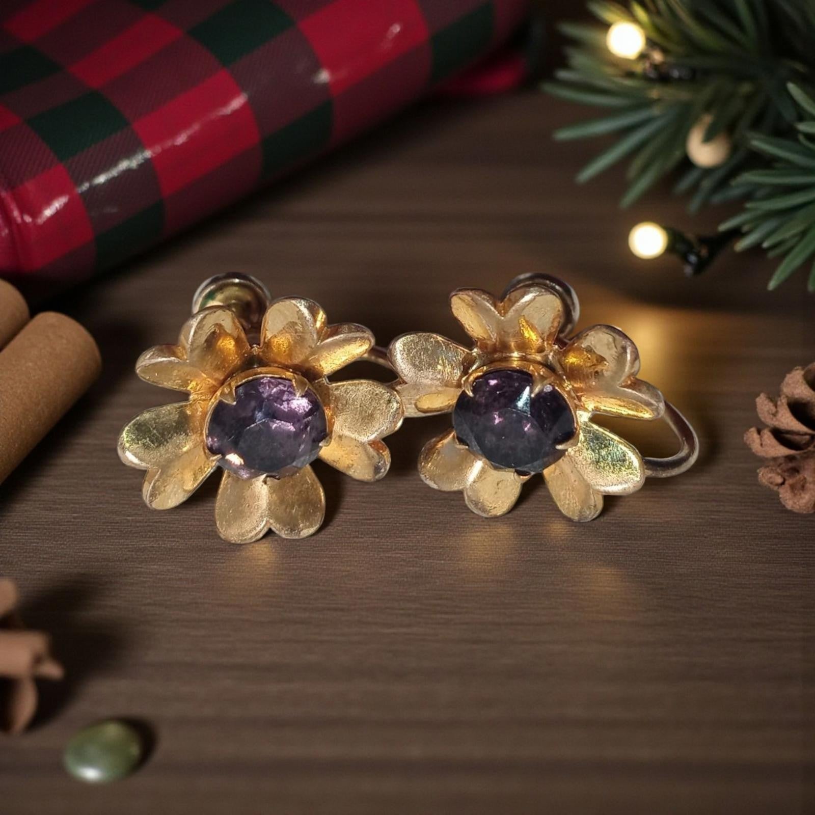 Vintage Gold Flower Shaped Earrings with Purple Gemstone Center
