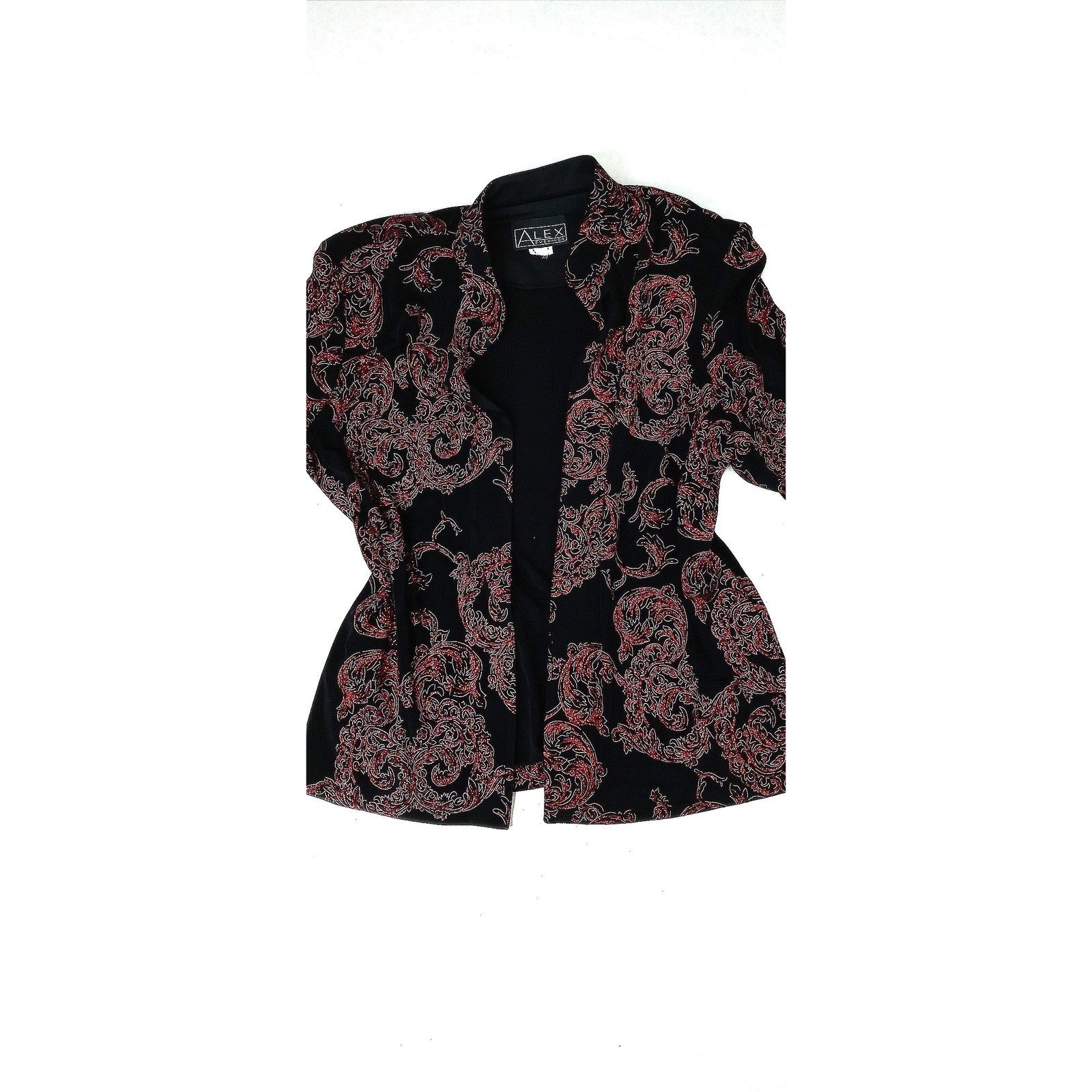 Vintage ALEX EVENINGS Black Red Paisley Sparkle Glitter Blazer Jacket Women Sz L
