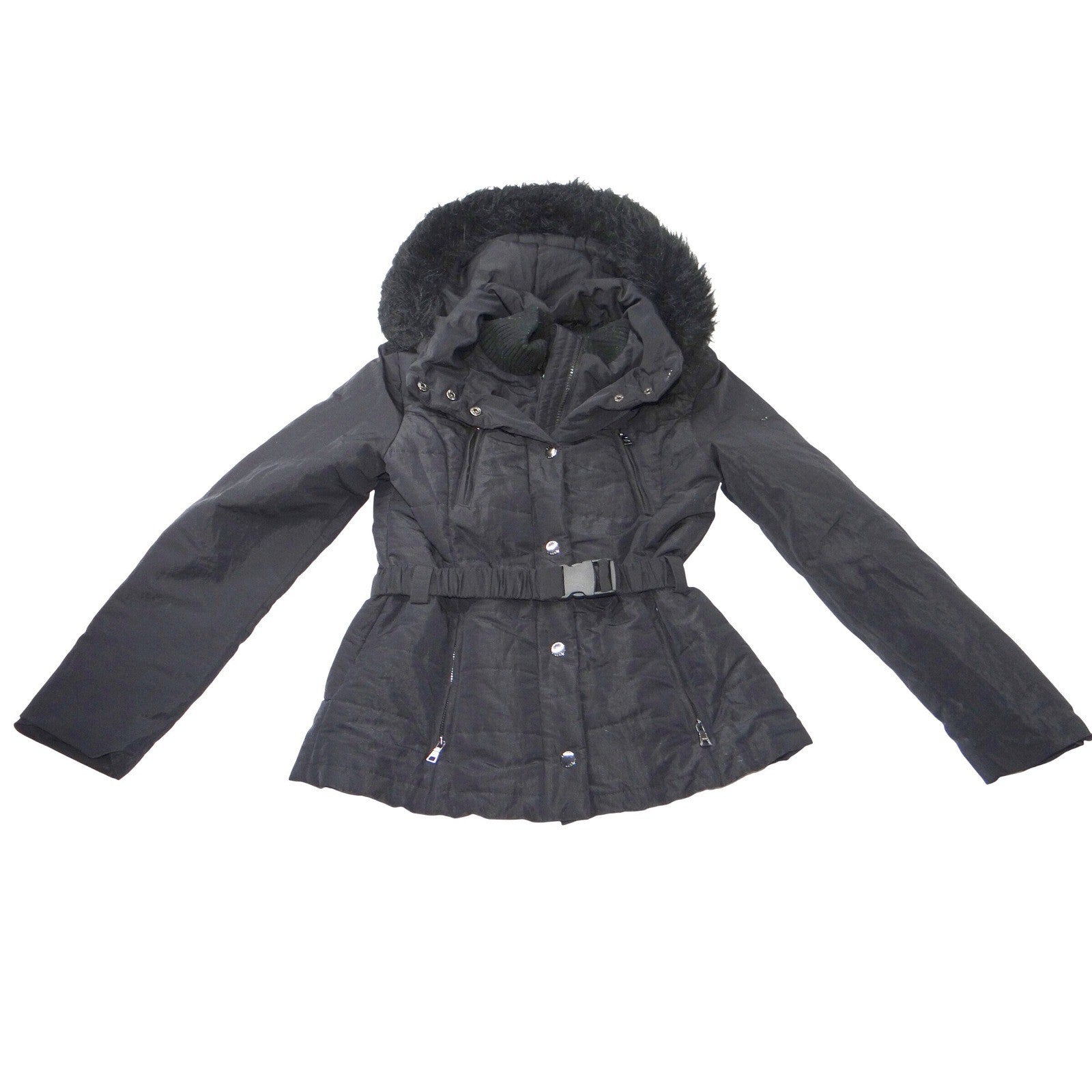 Esprit Black Faux Fur Trim Hooded Belted Winter Jacket Coat Women Size L