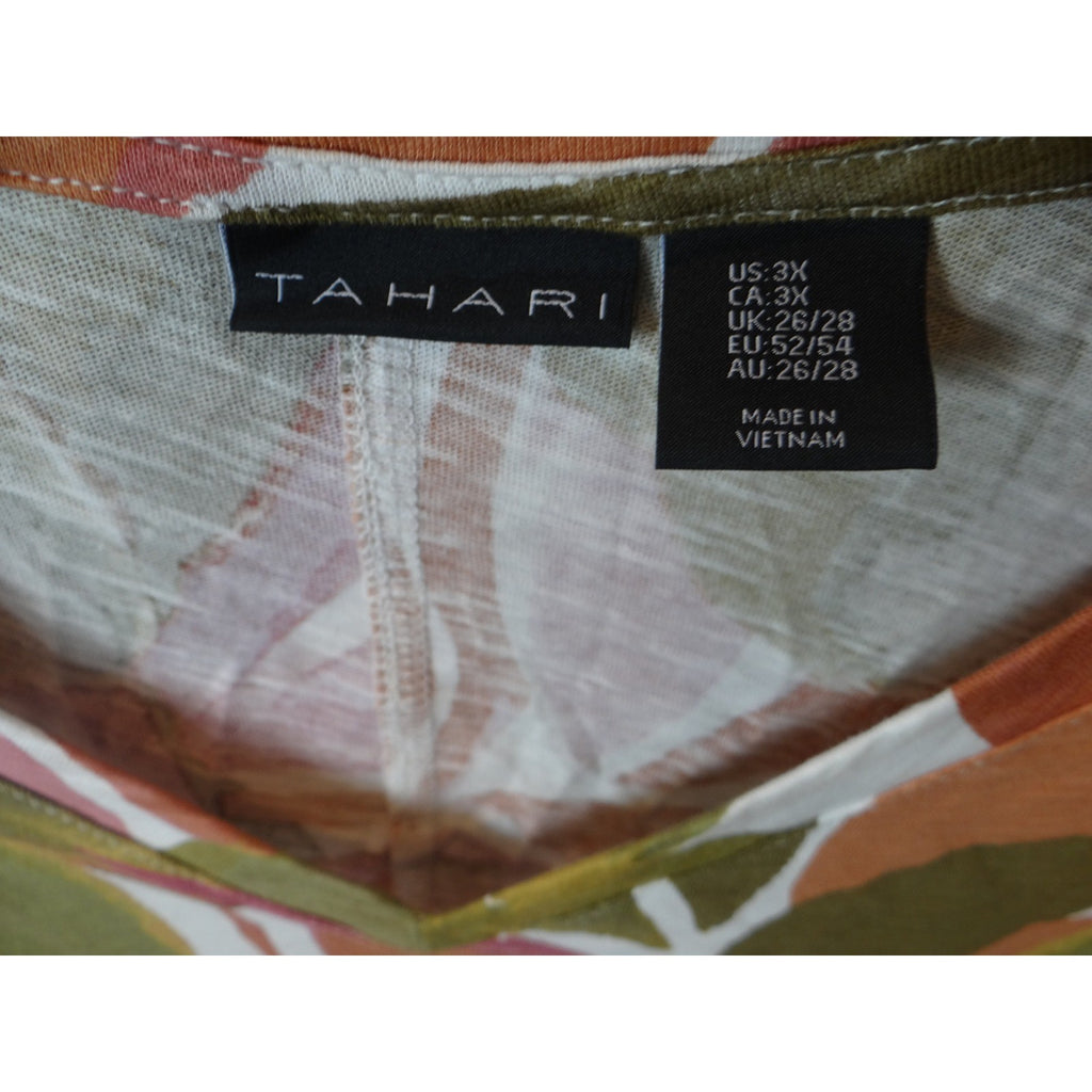 Tahari Womens 3X V Neck Short Sleeve Leaf Print Top Orange Green Pink