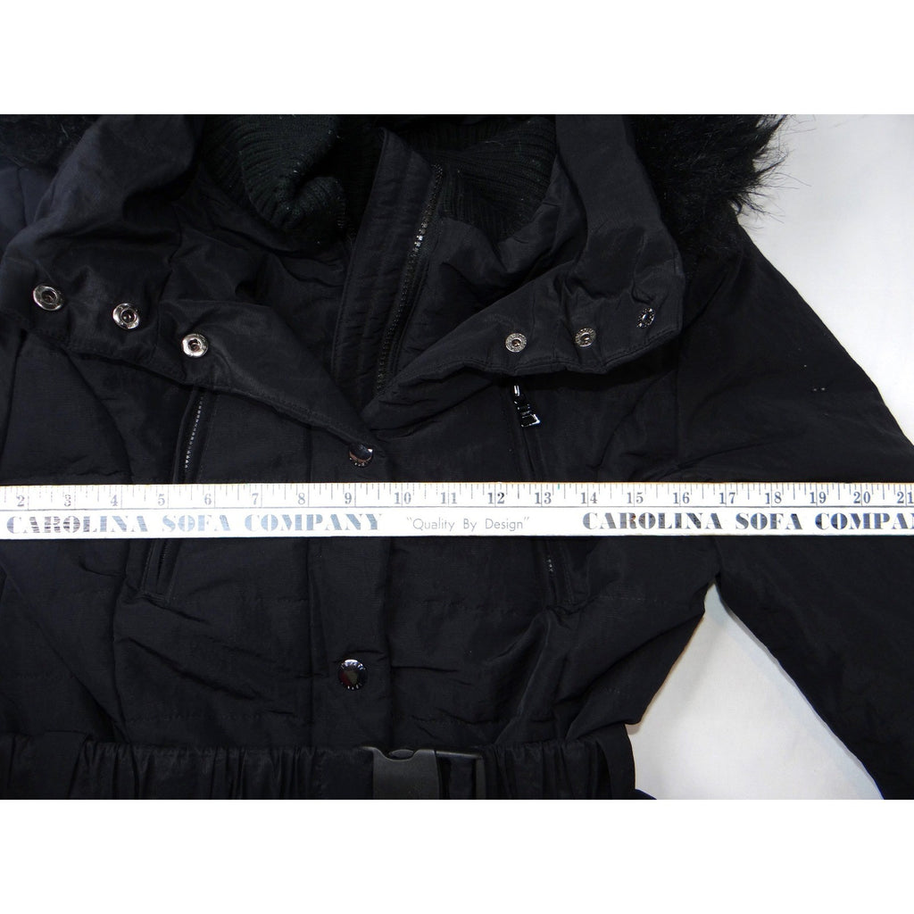 Esprit Black Faux Fur Trim Hooded Belted Winter Jacket Coat Women Size L
