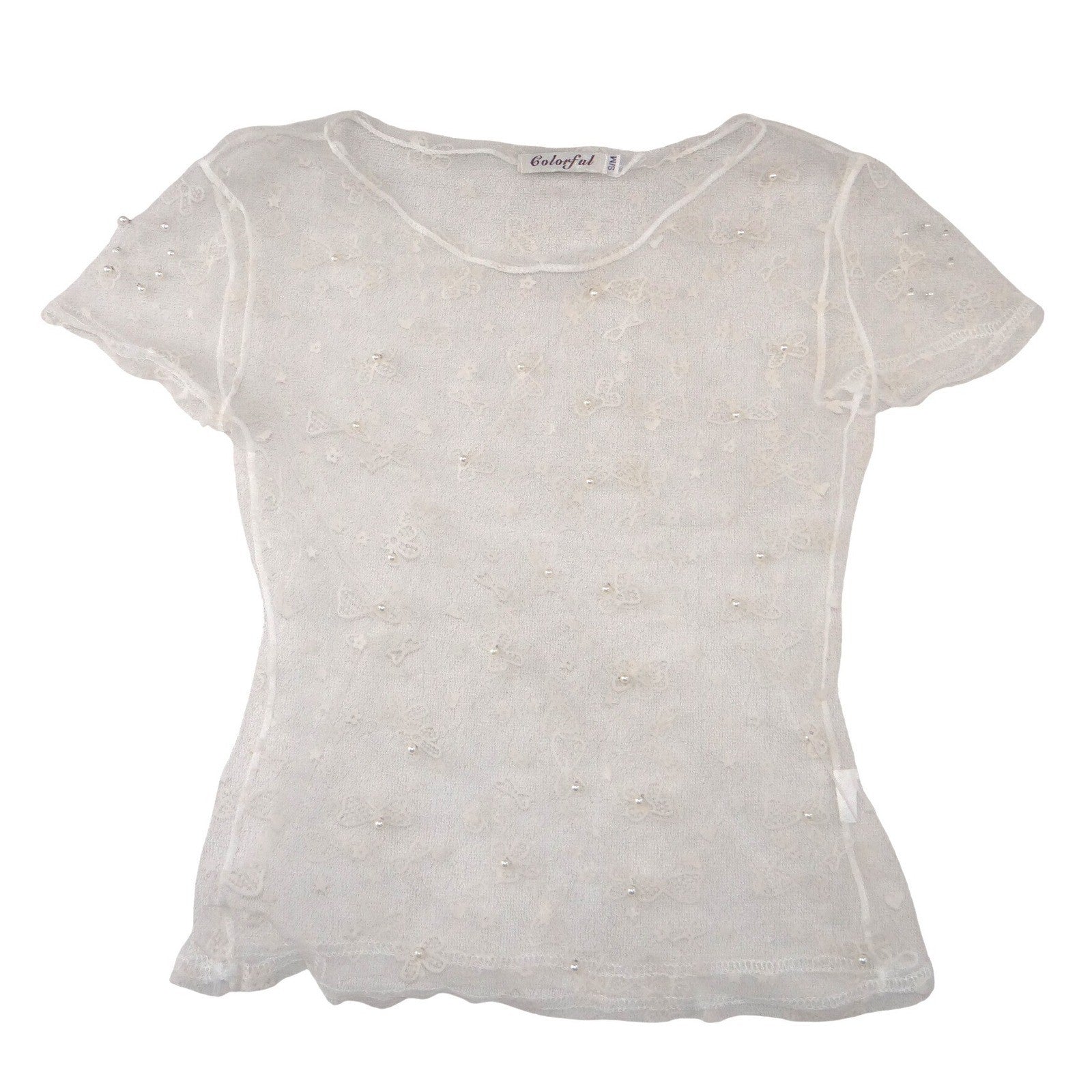 Colorful White Sheer Lace Mesh Bow Pearl Top Short Sleeve Scoop Neck Womens S/M