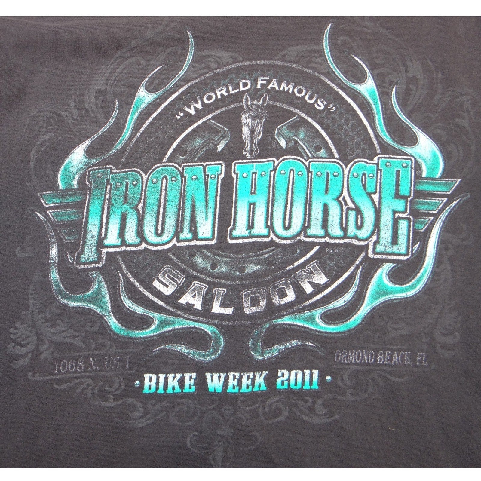 Iron Horse Saloon Ormond Beach FL Biker Pocket T-Shirt Mens Black Teal Graphic