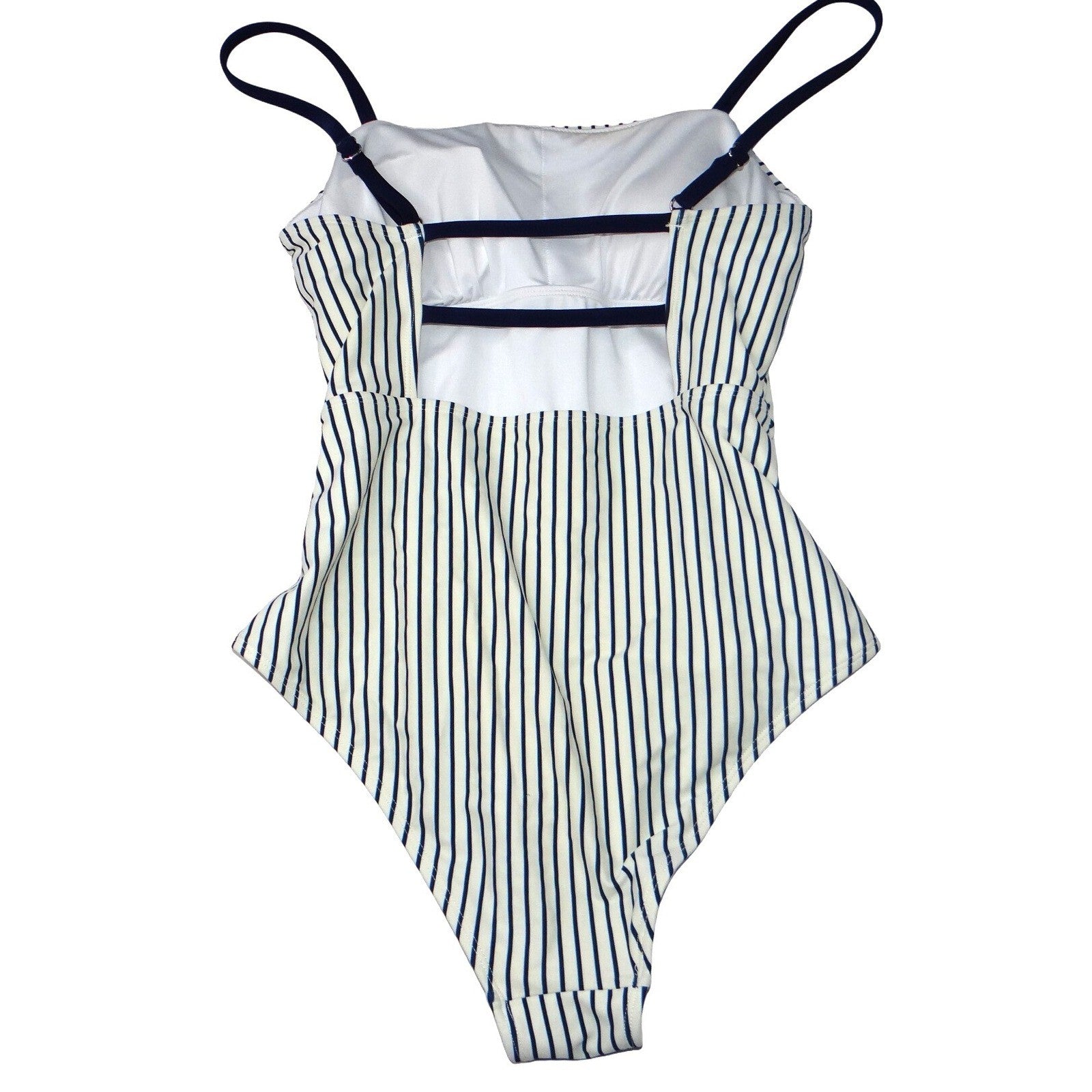 Navy Blue White Striped Ruched One Piece Swimsuit Square Neck Nautical Summer S