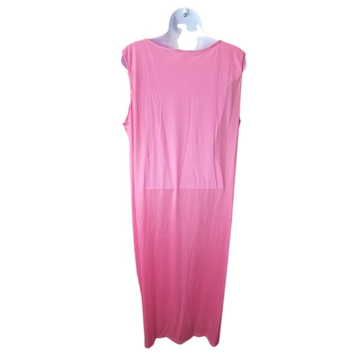 Vintage Princess Lingerie Pink Satin Nightgown Pearl Buttons Sheer Trim Size L