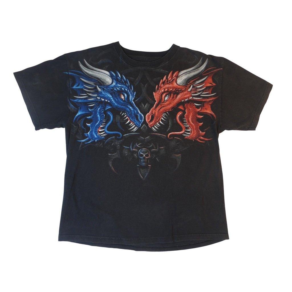 Vintage Men's Black Dragon Graphic T Shirt Fire Ice Mythical Fantasy Shirt