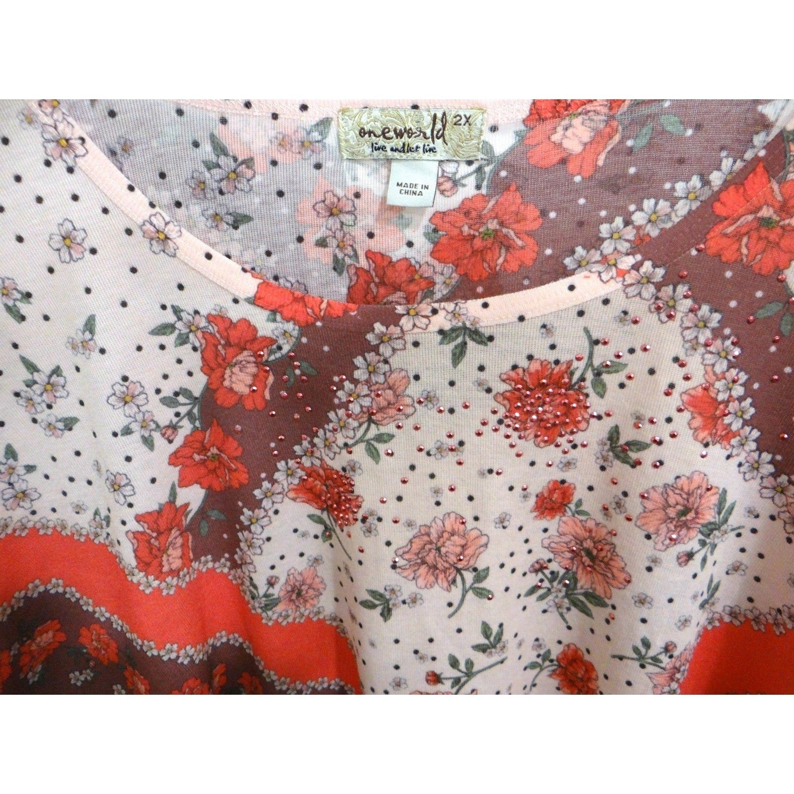 One World Womens Plus Size 2X Floral Print Rhinestone Short Sleeve Top
