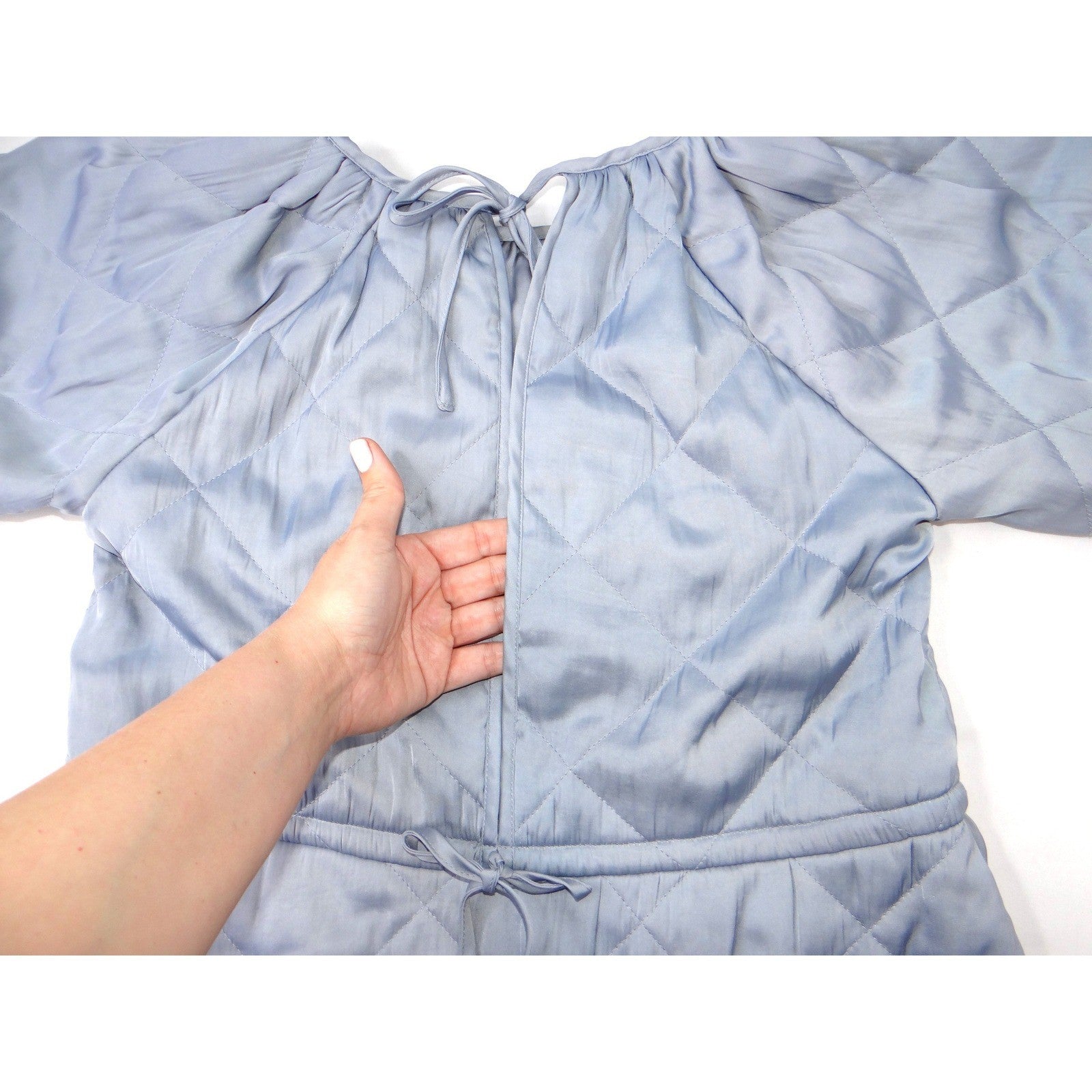 H&M Quilted Puff Sleeve Top Light Blue Gathered Waist Tie Back XS