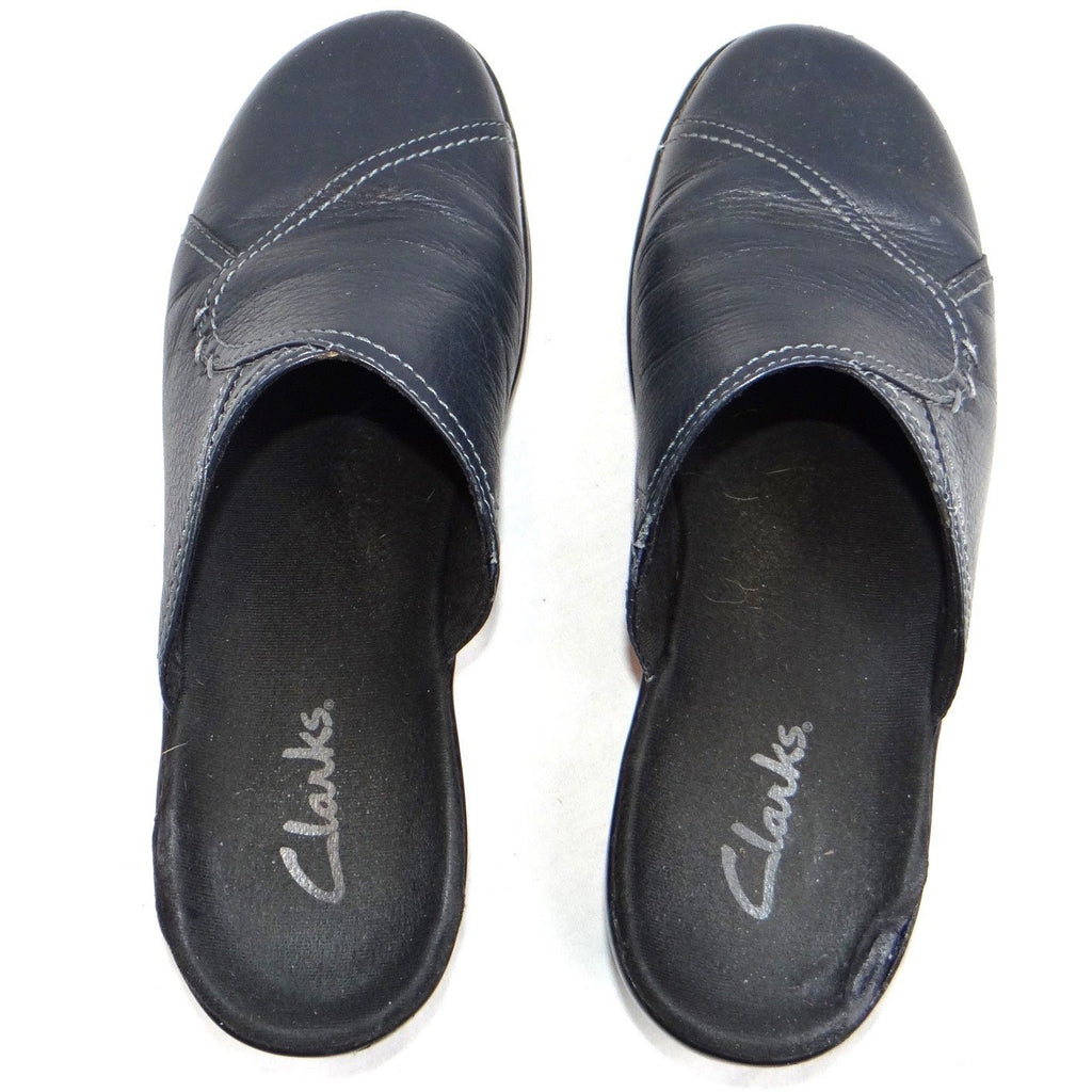 Clarks Womens Navy Leather Slip On Clogs Mules Shoes Size 7 M Style 846 16
