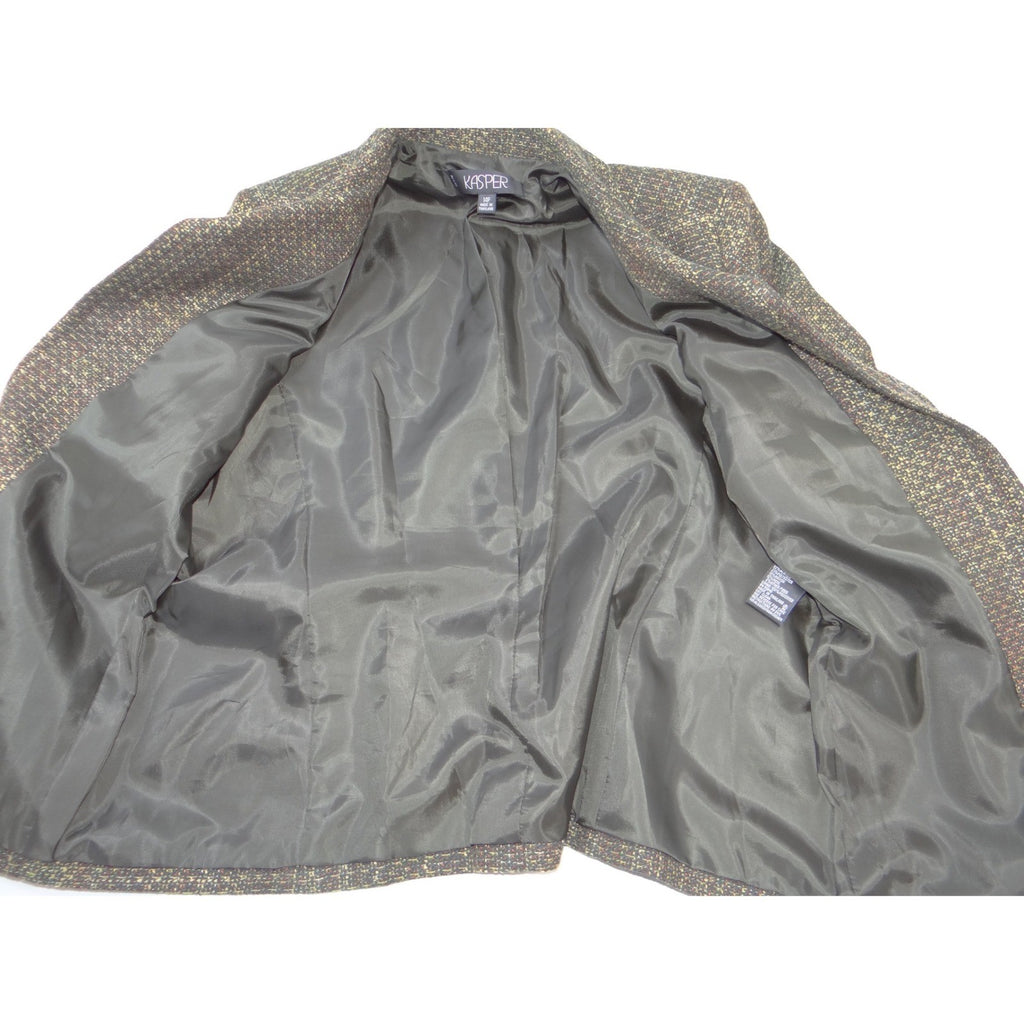VTG Kasper Womens 14P Petite Textured Tweed Blazer Jacket Brown Olive 4-Pocket