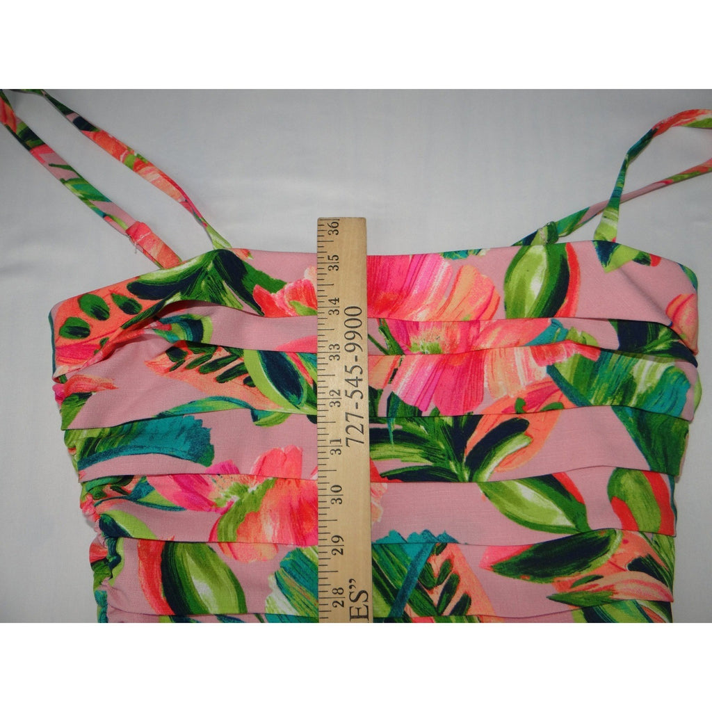 Kensie Womens Pink Tropical Floral Hibiscus Smocked Midi Dress Size 2