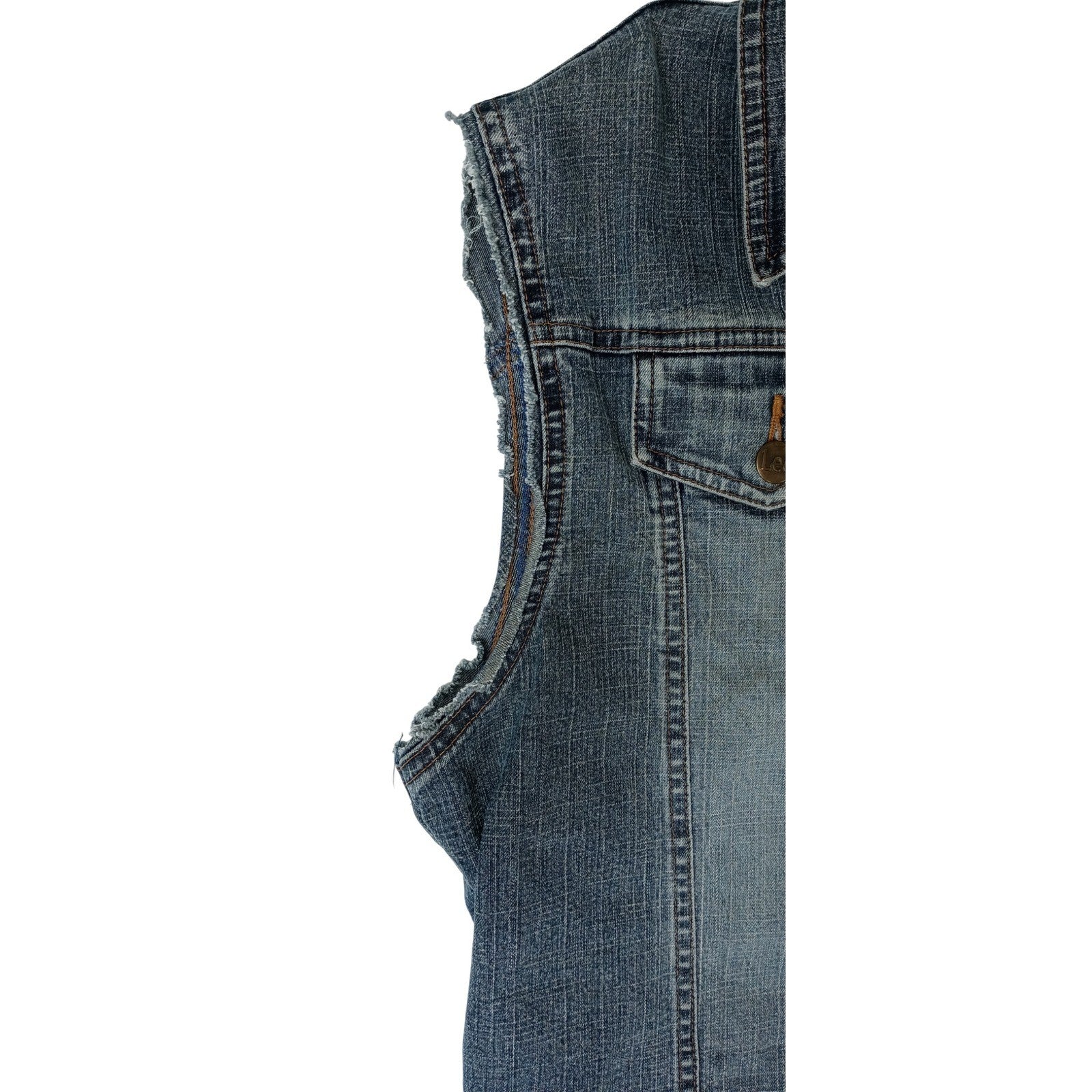 Lee Women's Denim Vest Distressed Raw Hem Blue Size L
